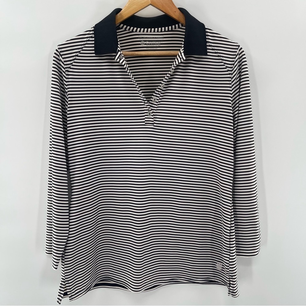 Coolibar UPF 50+ White Black Stripe Polo Shirt Size Medium